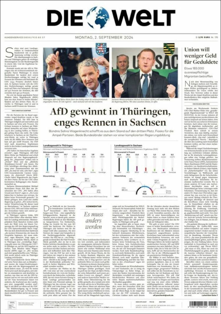Portada de Die Welt (Alemania)