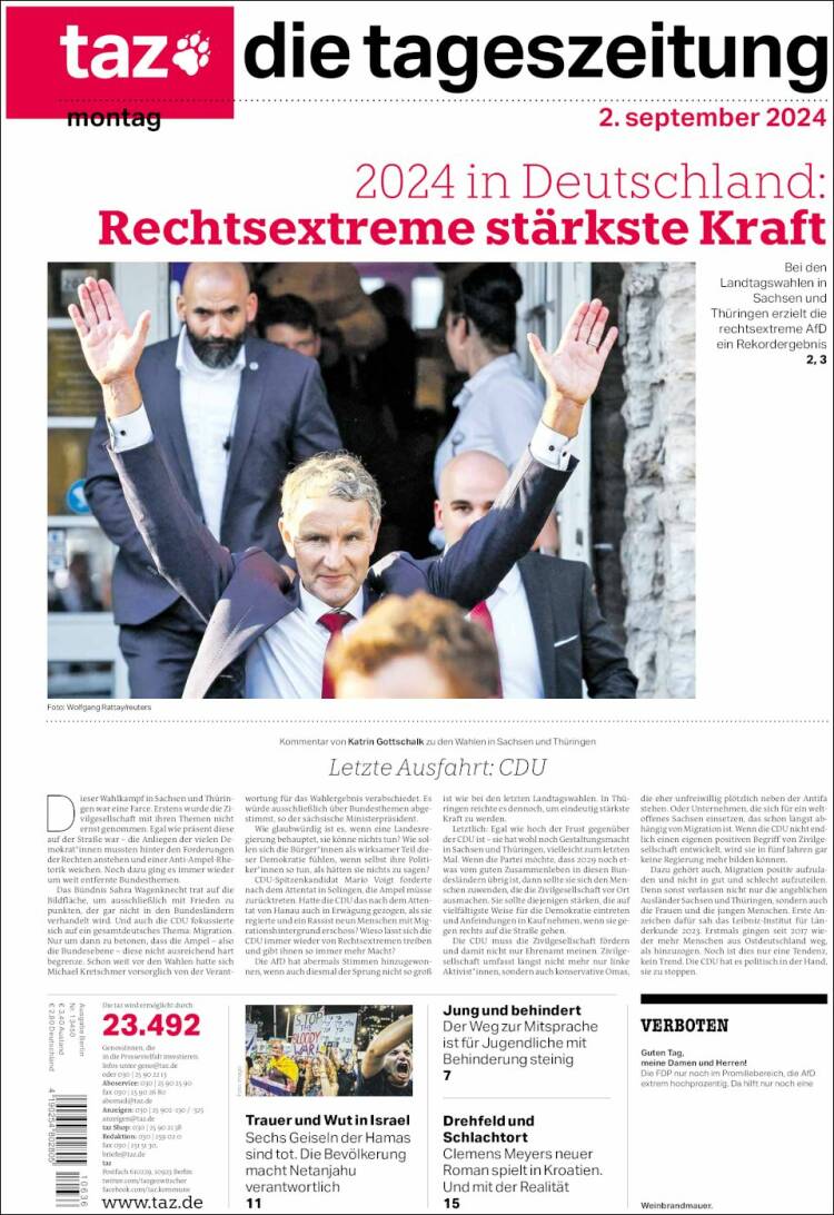 Portada de Die Tageszeitung (Alemania)