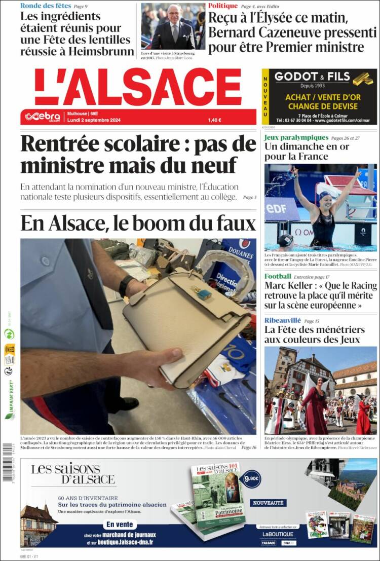 Portada de Journal L'Alsace (Francia)
