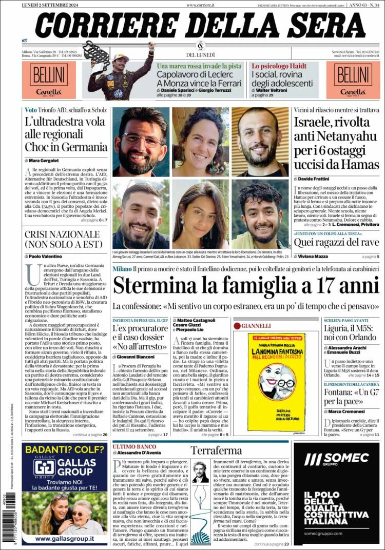 Portada de Corriere della Sera (Italia)