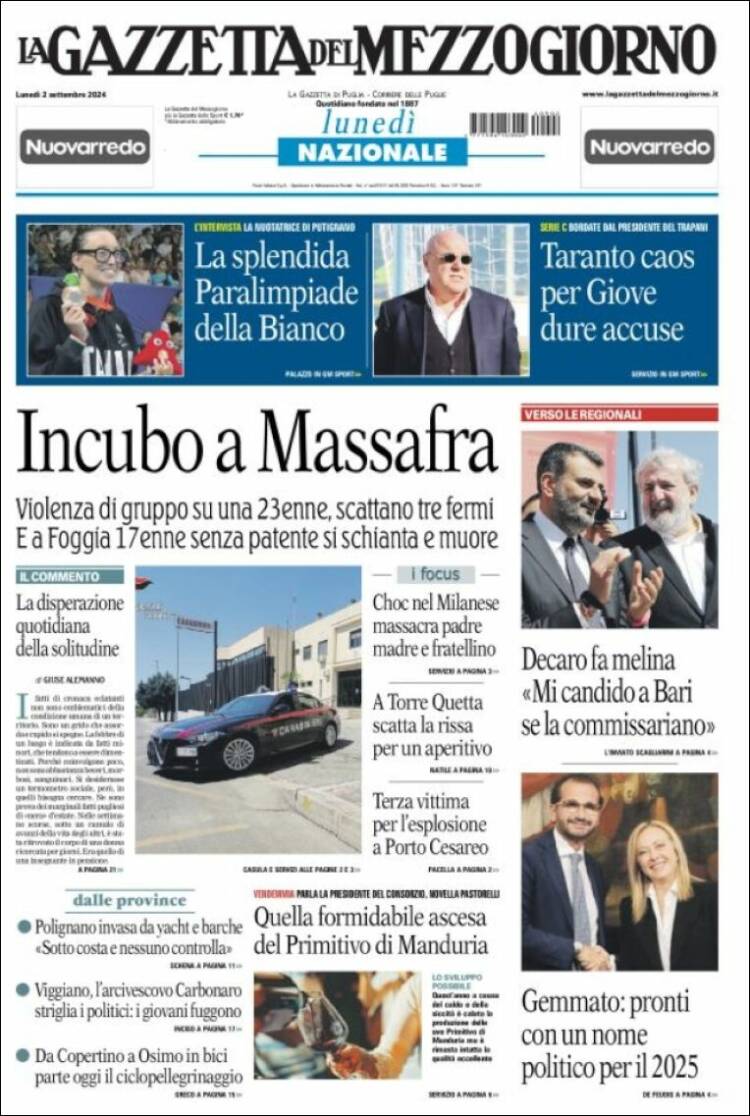 Portada de La Gazzetta del Mezzogiorno (Italia)