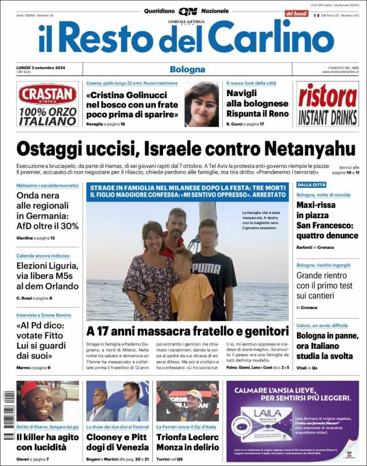 Portada de Il Resto del Carlino (Italie)