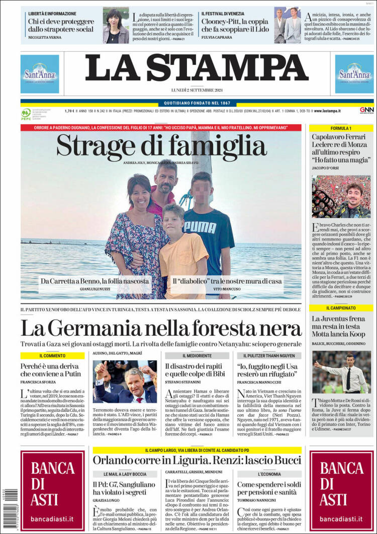 Portada de La Stampa (Italia)