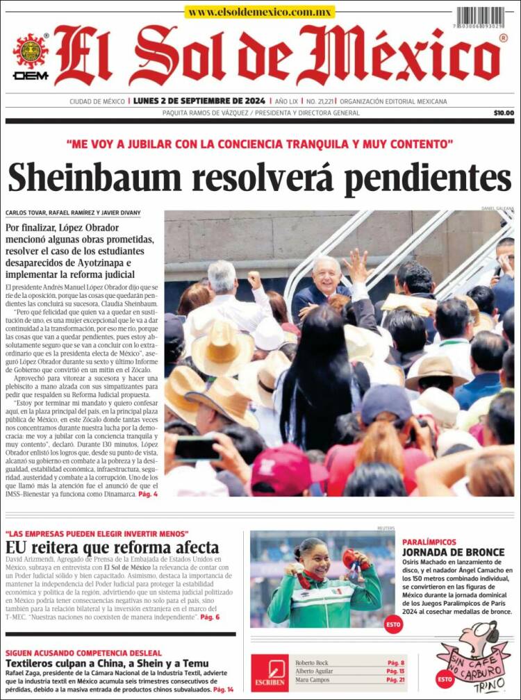 Portada de El Sol de México (M&eacute;xico)