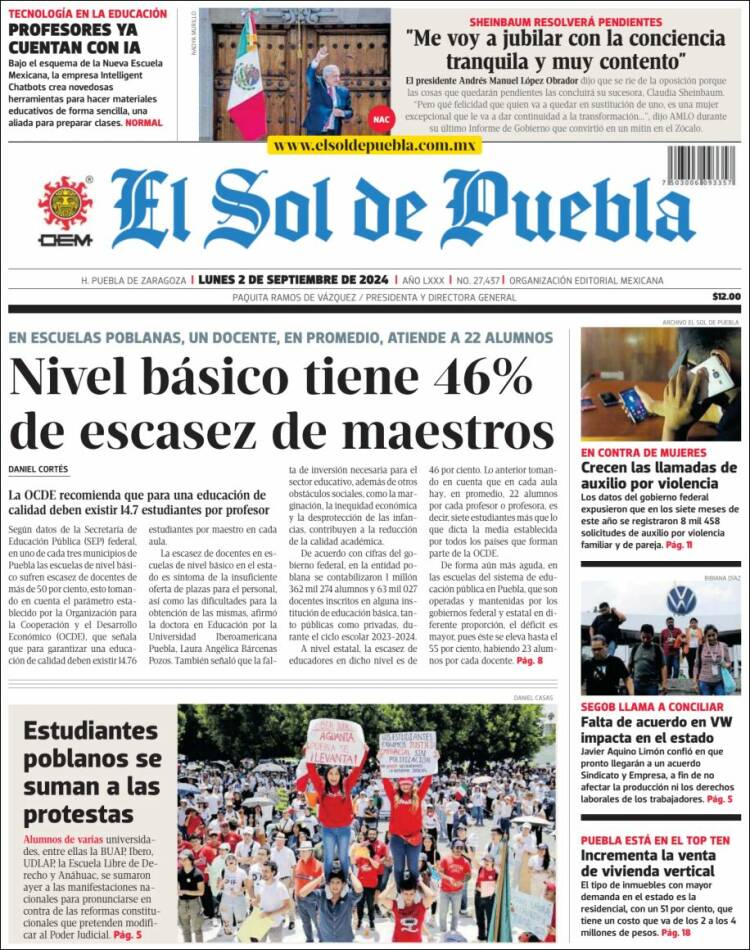 Portada de El Sol de Puebla (M&eacute;xico)