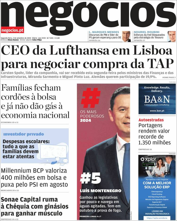 Portada de Jornal de Negócios (Portugal)