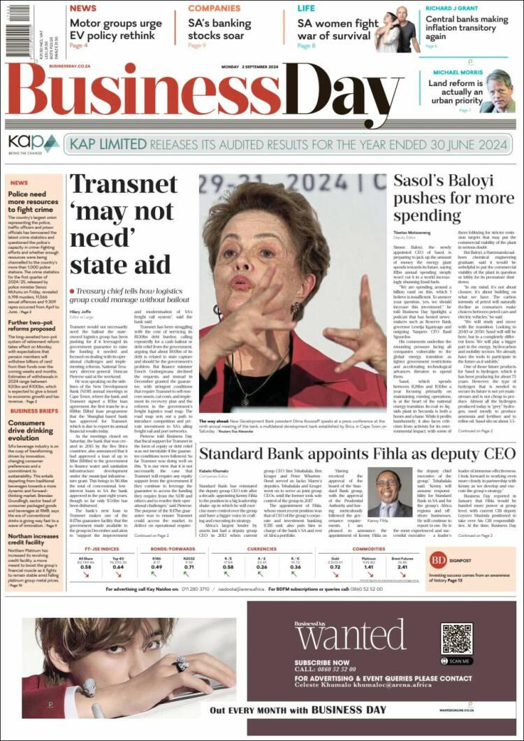 Portada de Business Day (Sud&aacute;frica)