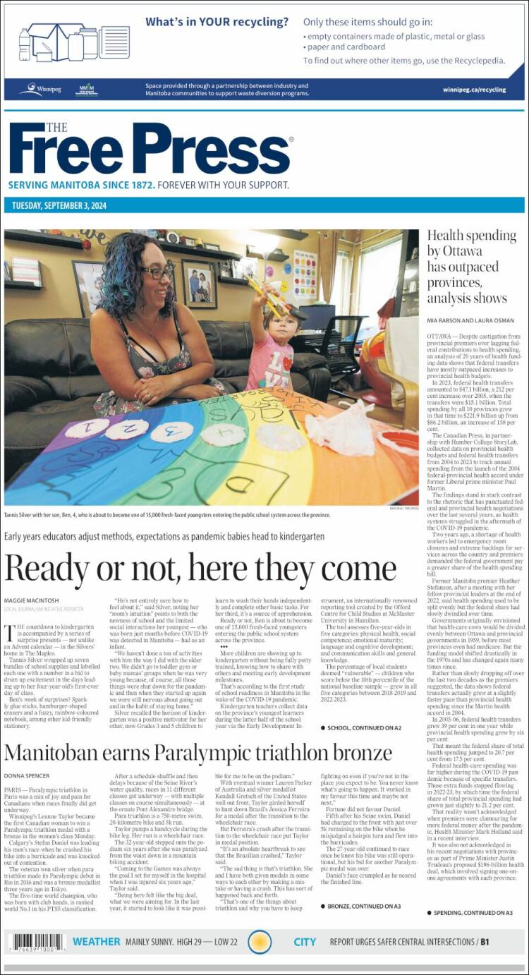 Portada de Winnipeg Free Press (Canadá)