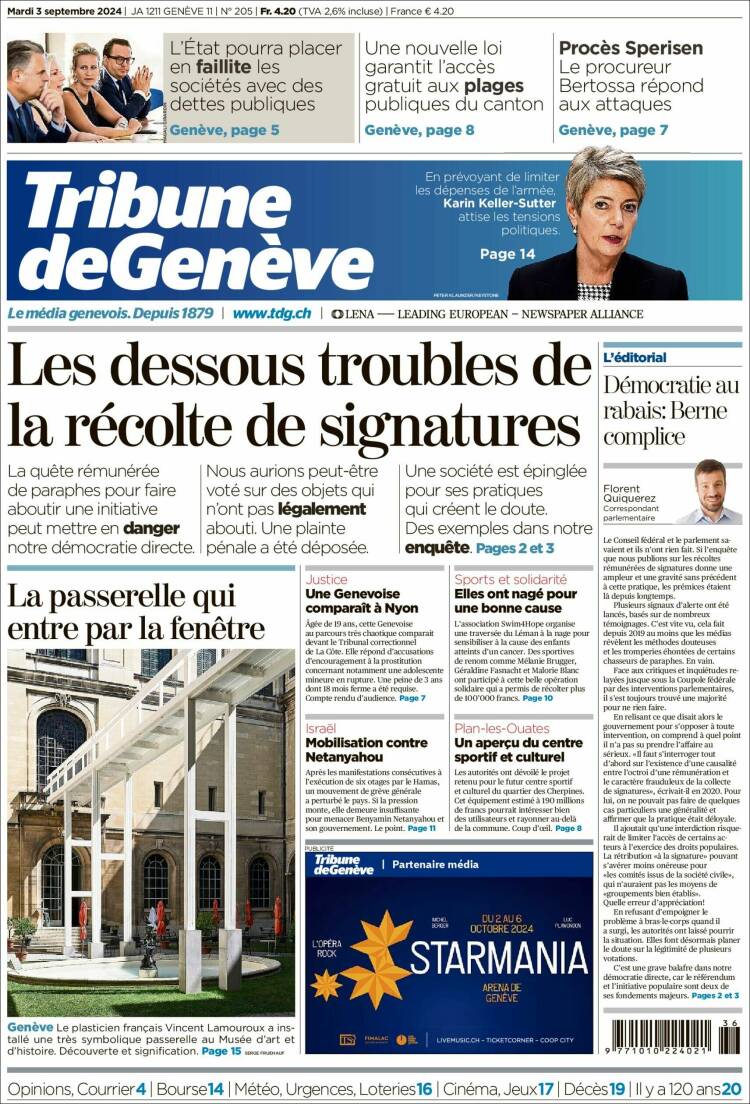 Portada de La Tribune de Genève (Suiza)