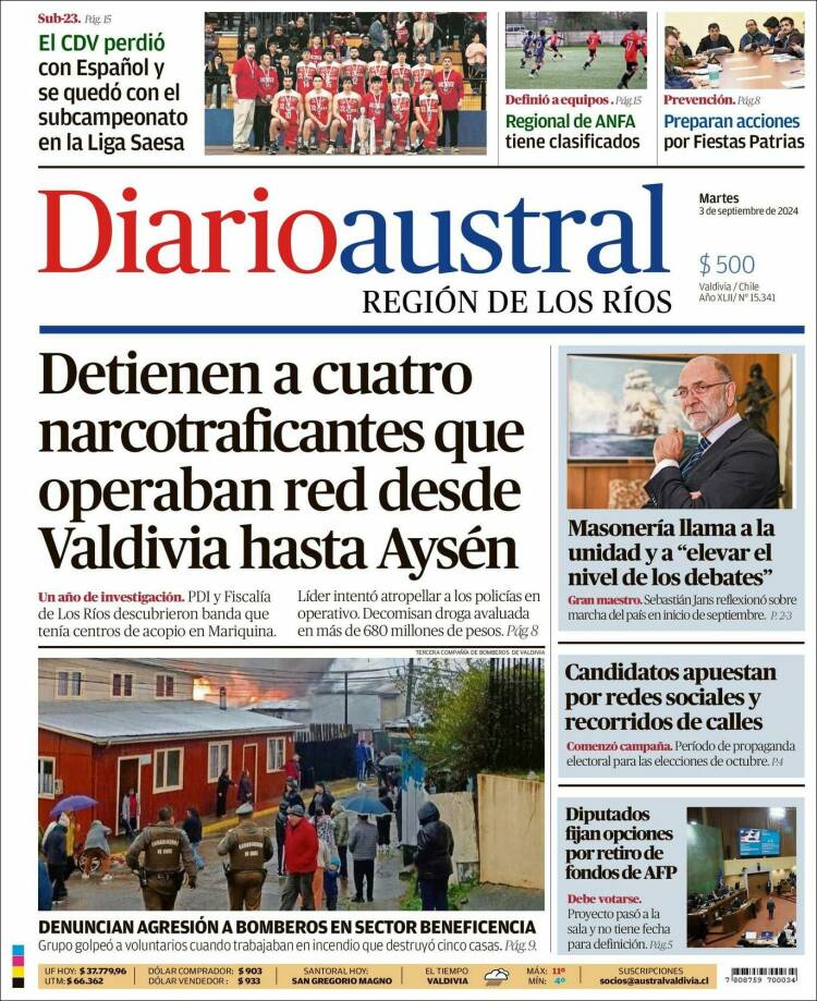 Portada de El Diario Austral de Valdivia (Chile)