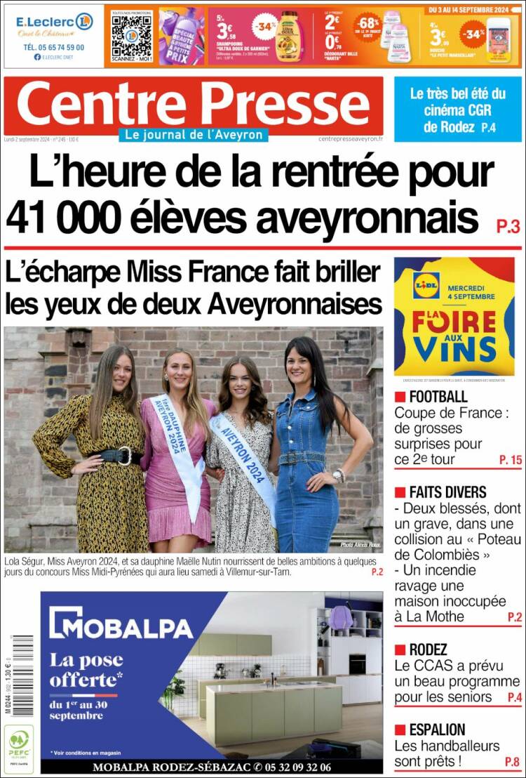 Portada de Centre Presse (Francia)