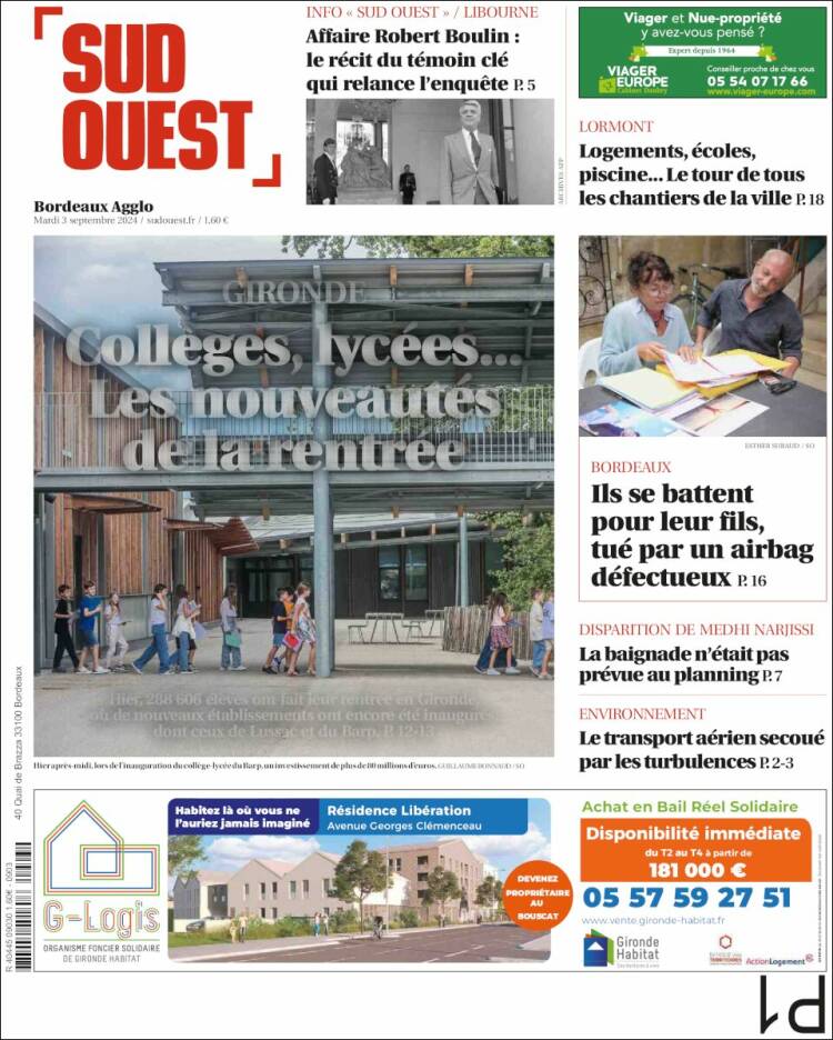 Portada de Sud Ouest (Francia)