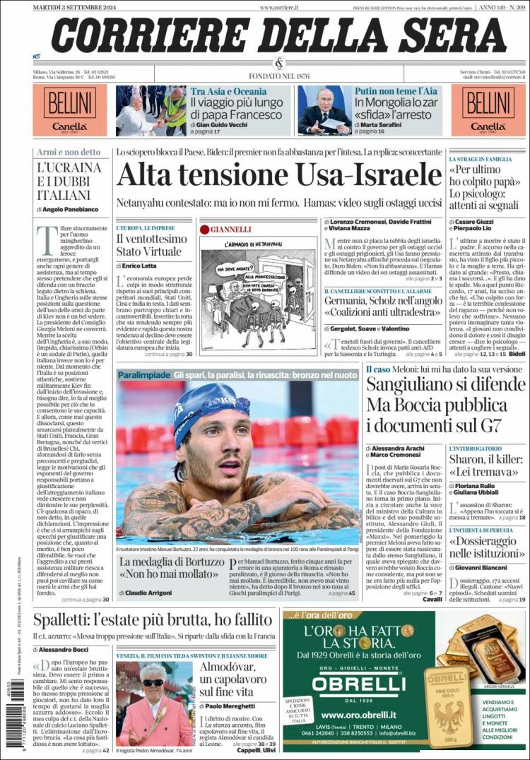 Portada de Corriere della Sera (Italia)