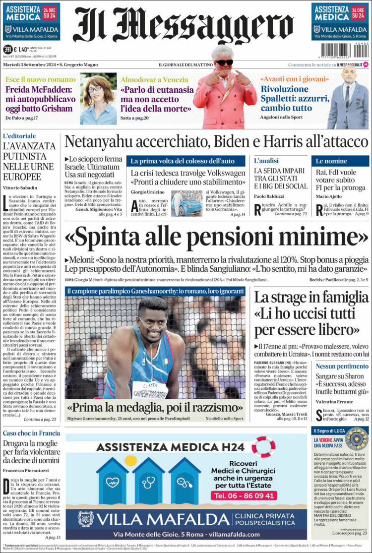 Portada de Il Messaggero (Italia)