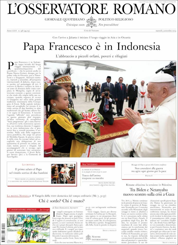 Portada de L'Osservatore Romano (Italia)