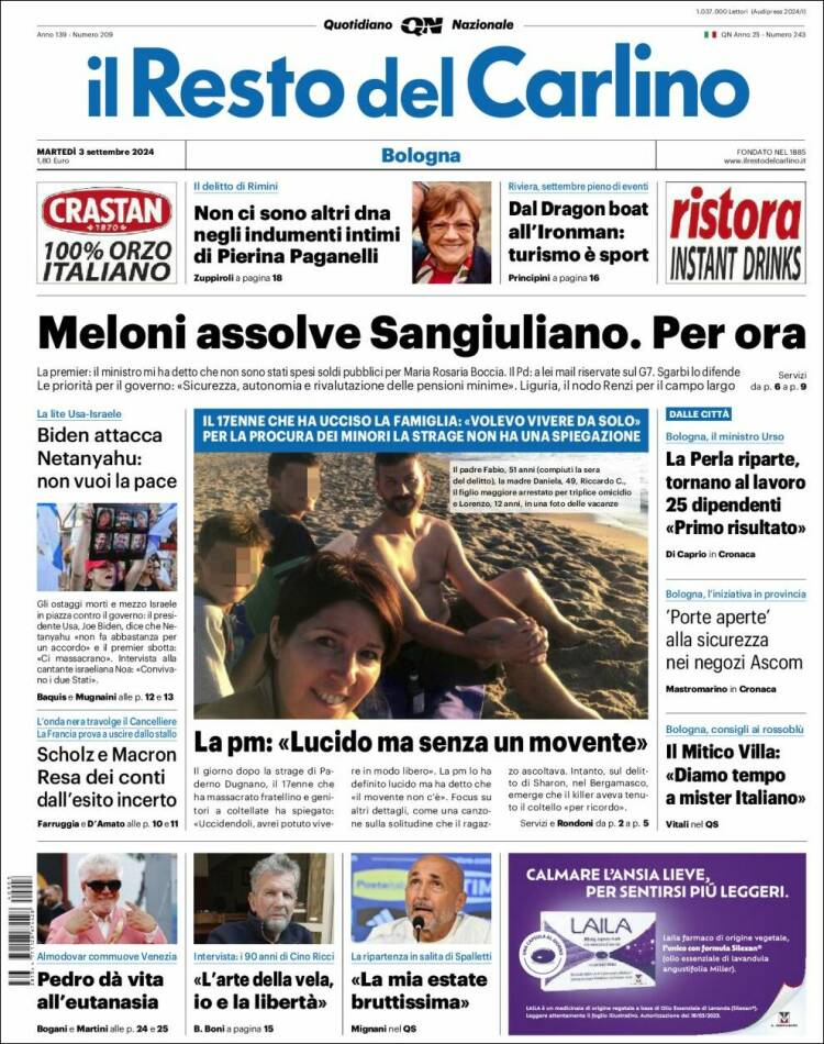 Portada de Il Resto del Carlino (Italia)