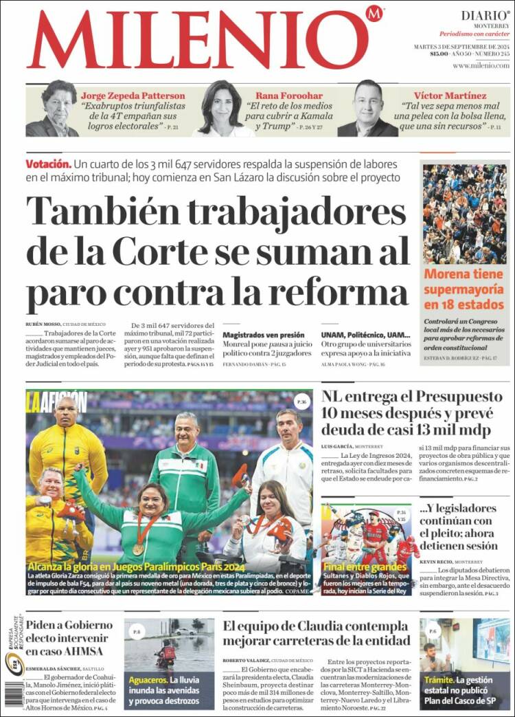 Portada de Milenio de Monterrey (México)