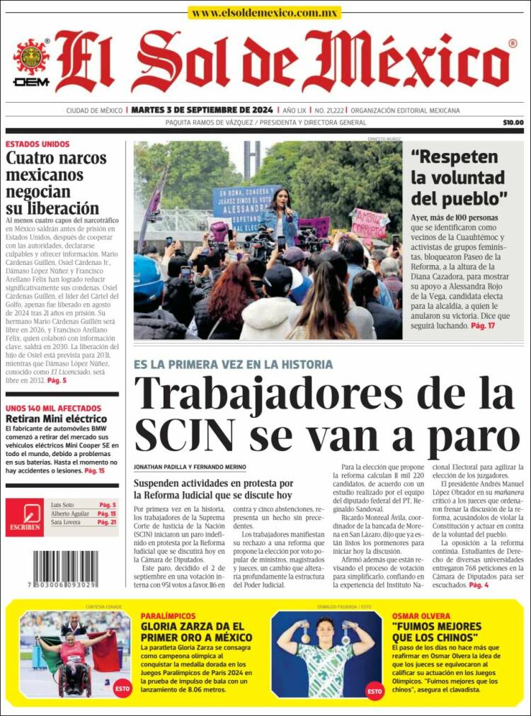 Portada de El Sol de México (México)