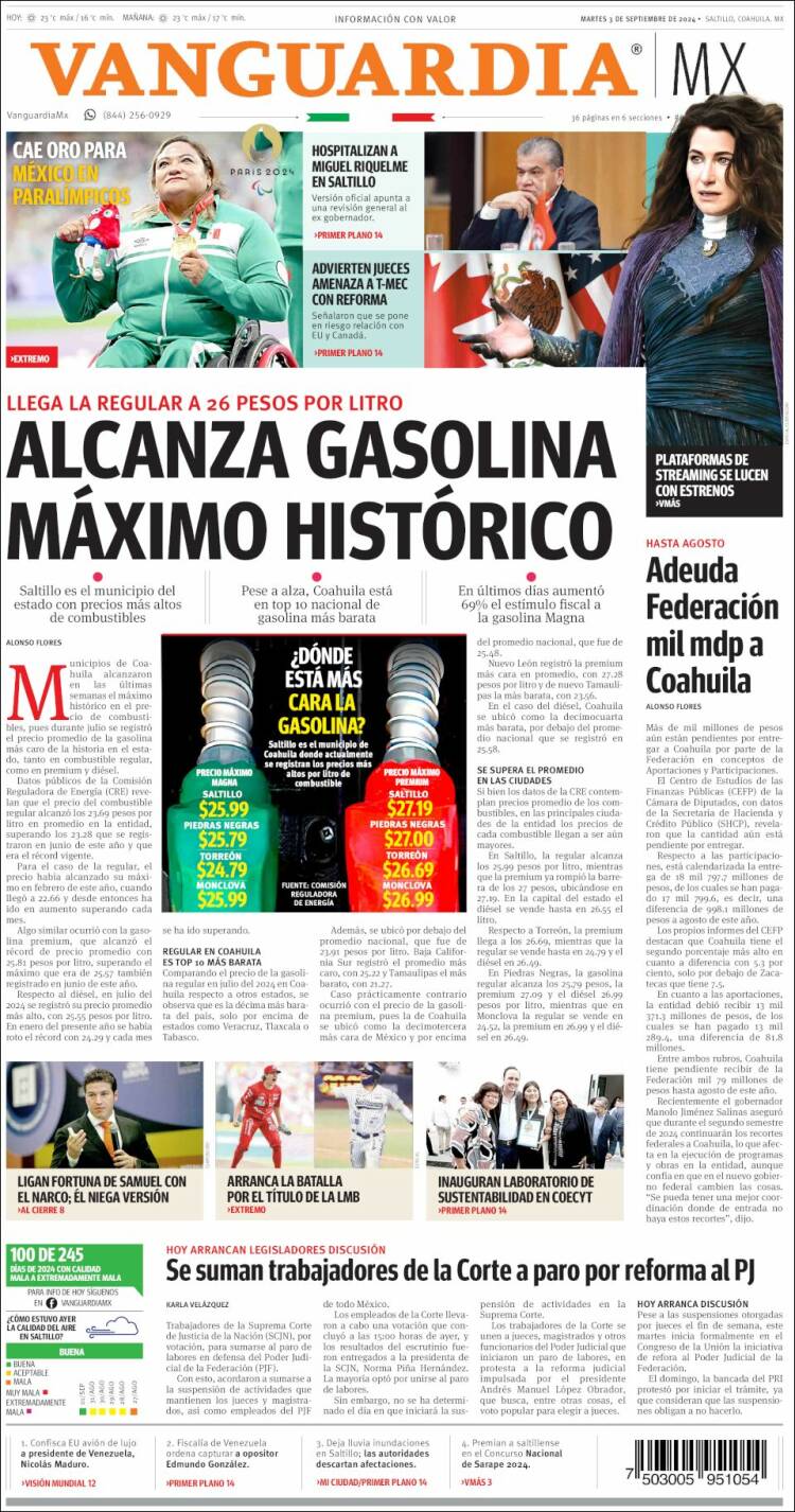 Portada de Vanguardia (México)