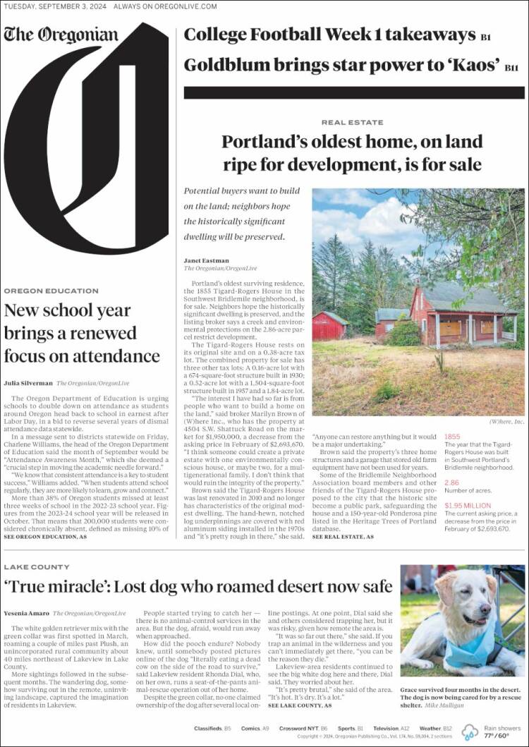 Portada de The Oregonian (USA)