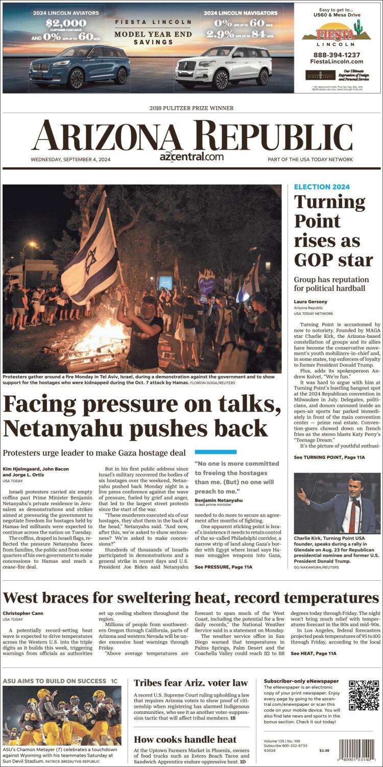 Portada de Arizona Republic News (USA)