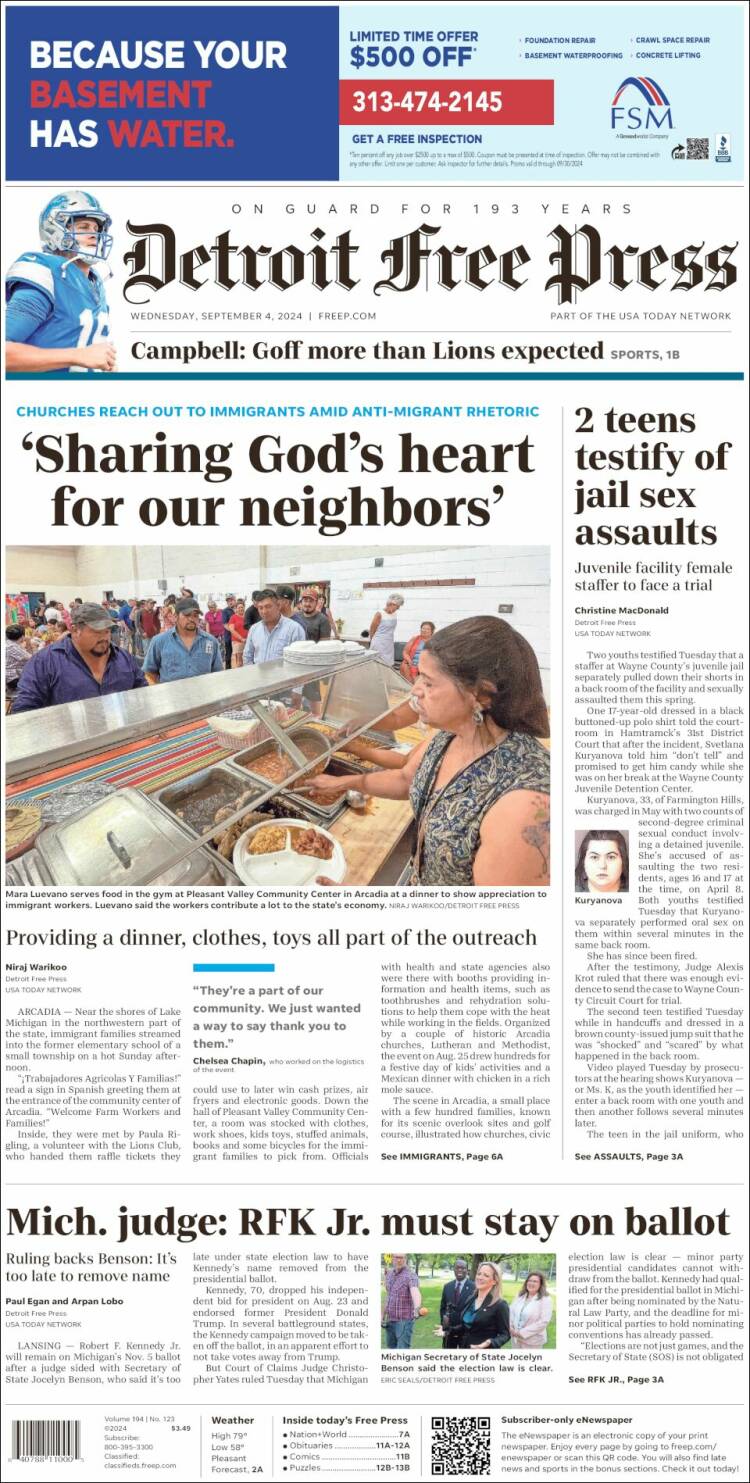Portada de Detroit Free Press (USA)