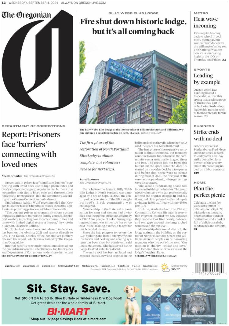 Portada de The Oregonian (USA)