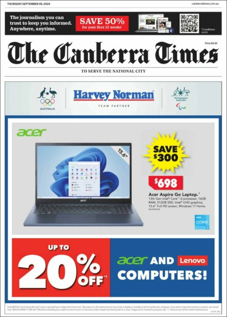 Portada de The Canberra Times (Australia)
