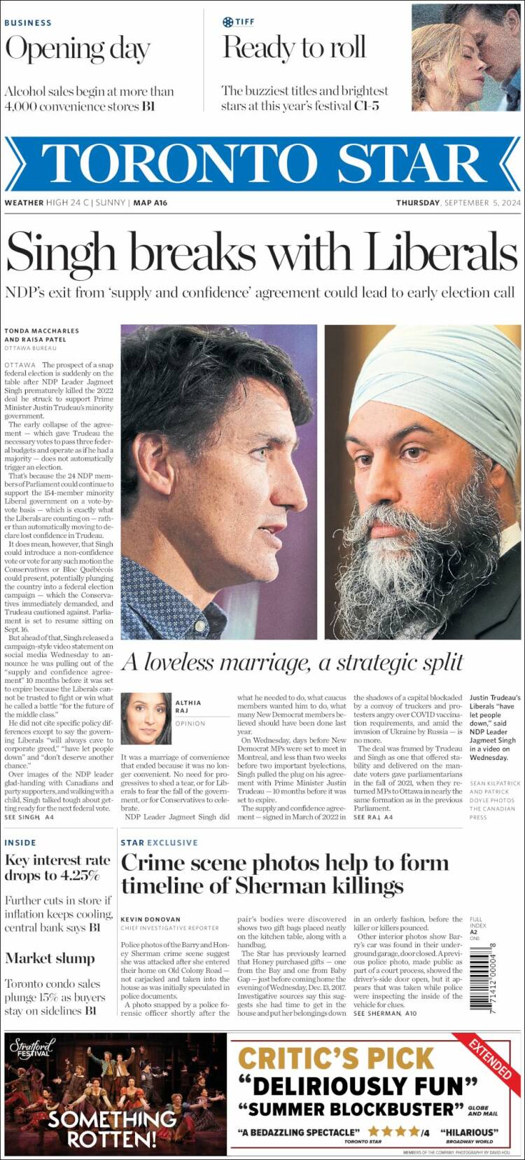 Portada de The Toronto Star (Canadá)