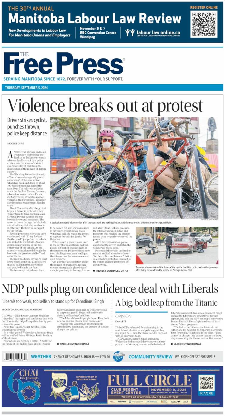 Portada de Winnipeg Free Press (Canadá)