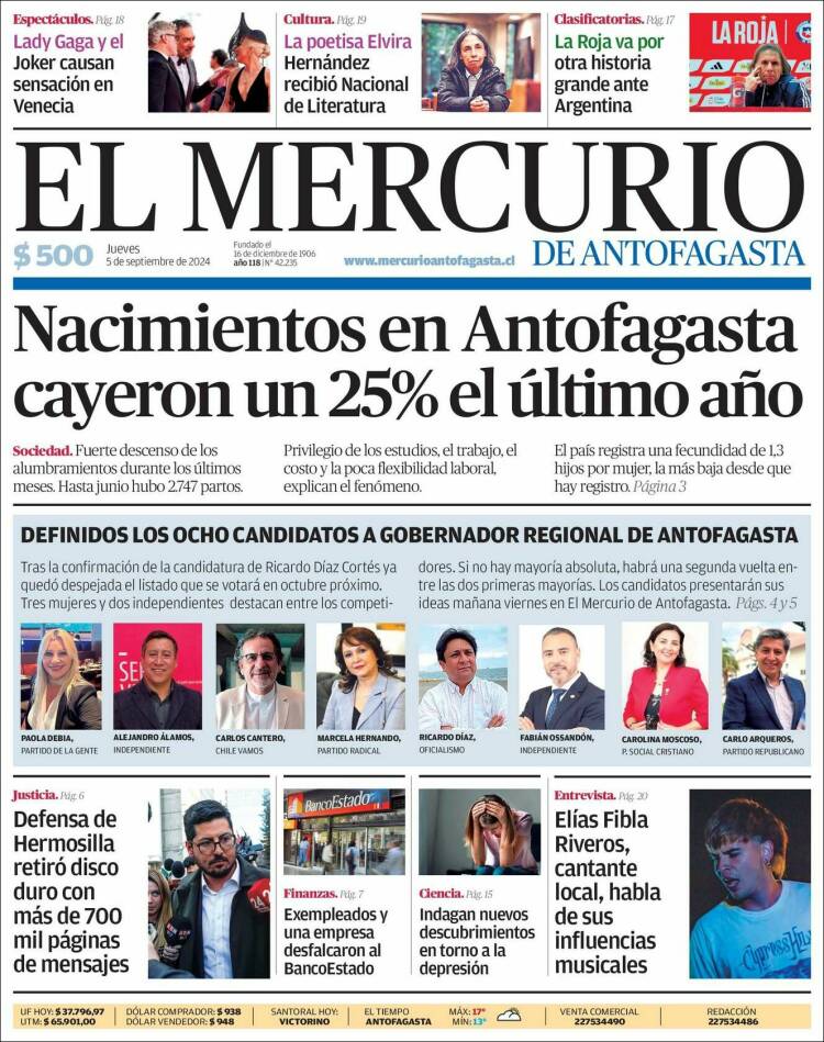 Portada de El Mercurio de Antofagasta (Chile)