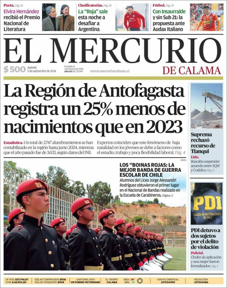 Portada de El Mercurio - Calama (Chile)