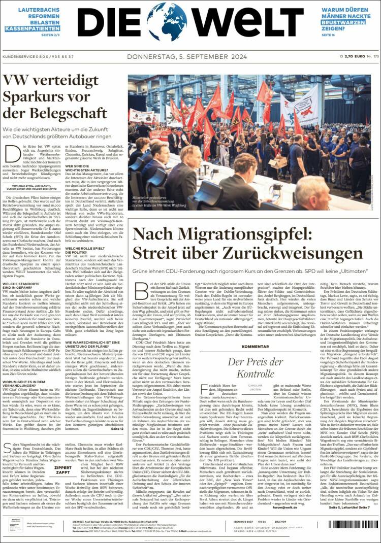 Portada de Die Welt (Alemania)