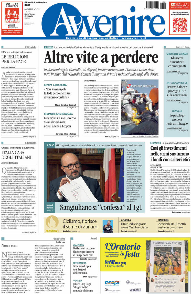 Portada de Avvenire (Italia)