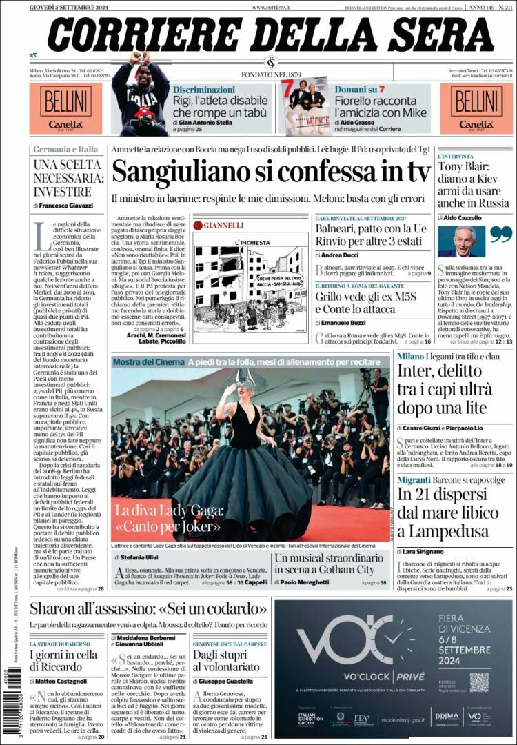 Portada de Corriere della Sera (Italia)