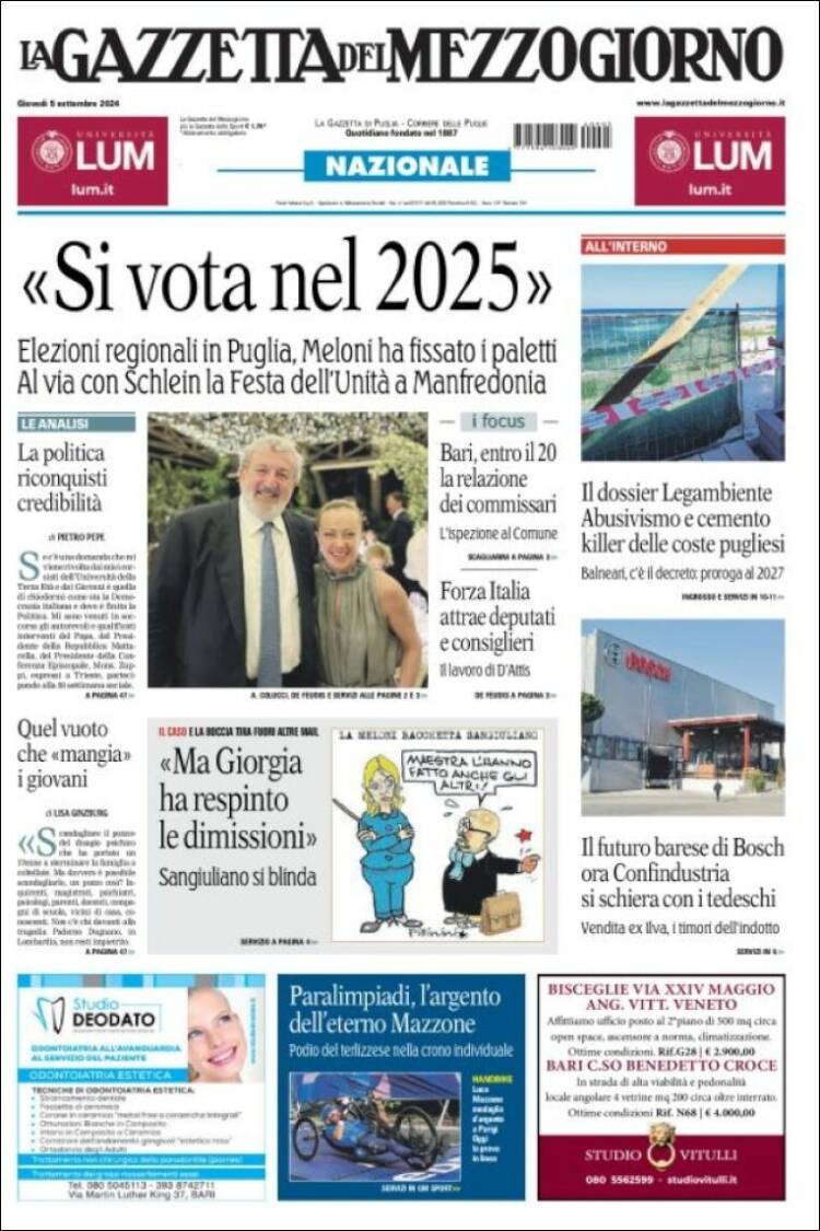 Portada de La Gazzetta del Mezzogiorno (Italia)
