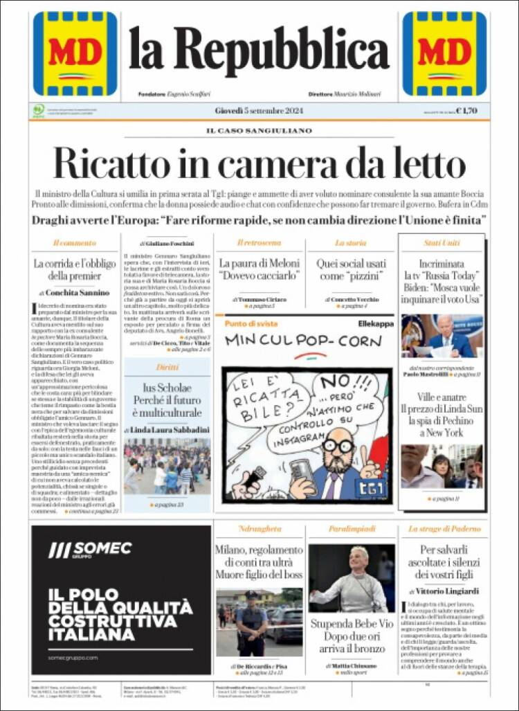 Portada de La Repubblica (Italia)
