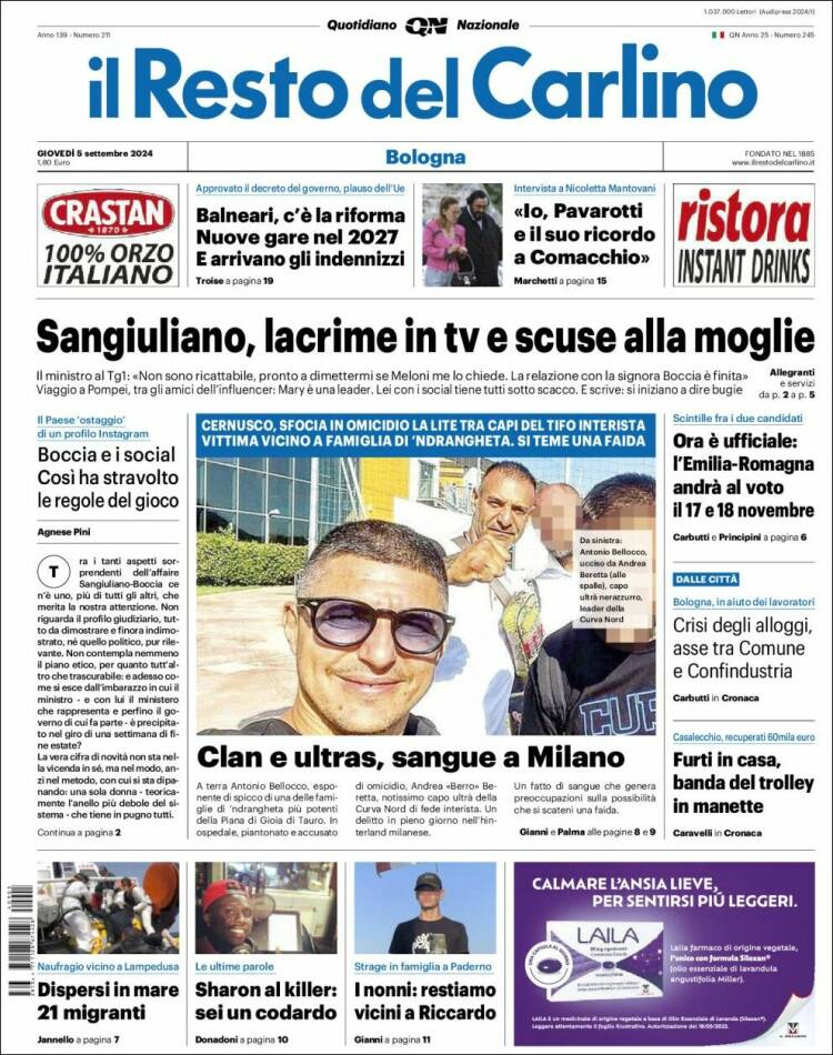 Portada de Il Resto del Carlino (Italia)