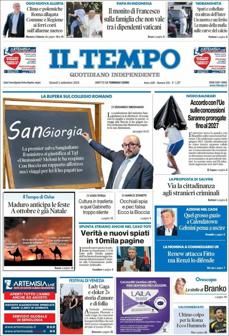 Portada de Il Tempo (Italia)
