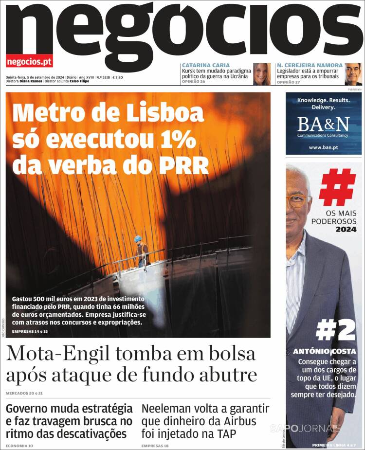 Portada de Jornal de Negócios (Portugal)