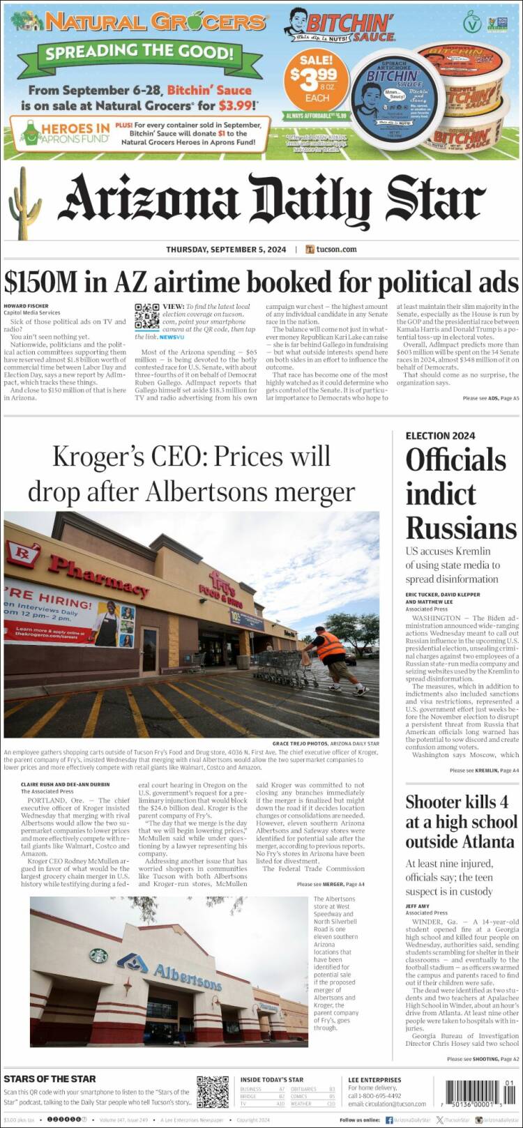 Portada de Arizona Daily Star (USA)