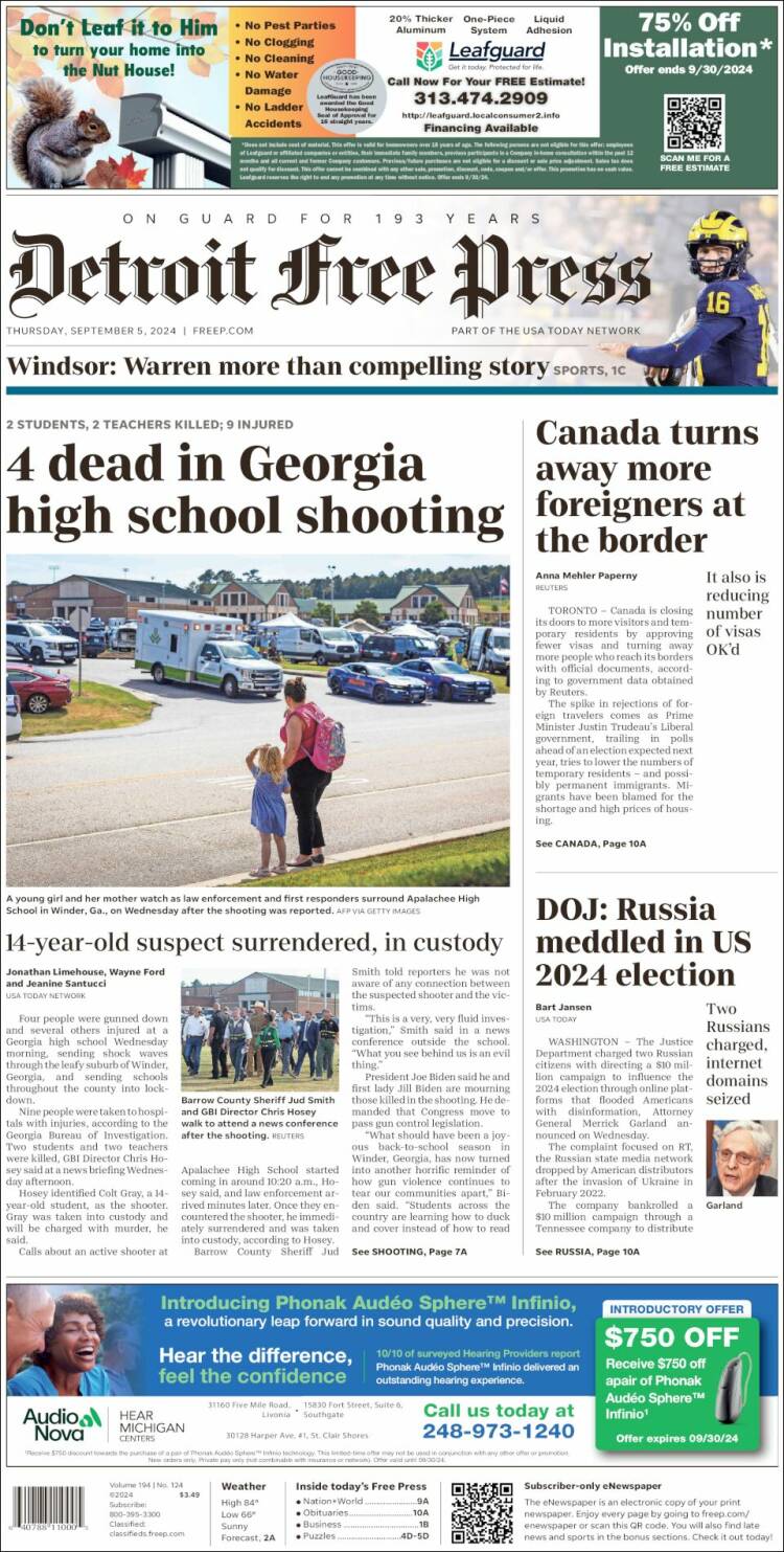 Portada de Detroit Free Press (USA)