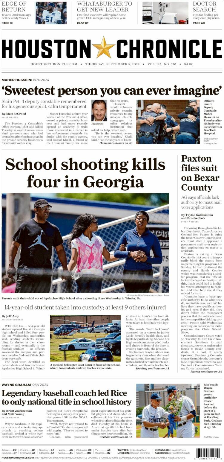 Portada de Houston Chronicle (USA)