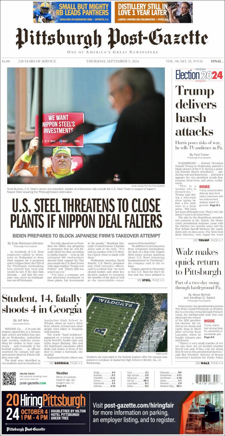 Portada de Pittsburgh Post-Gazette (USA)