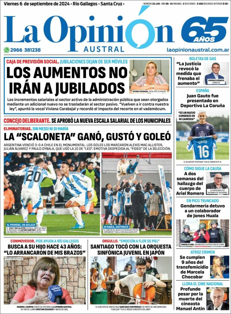 Portada de La Opinión Austral (Argentina)