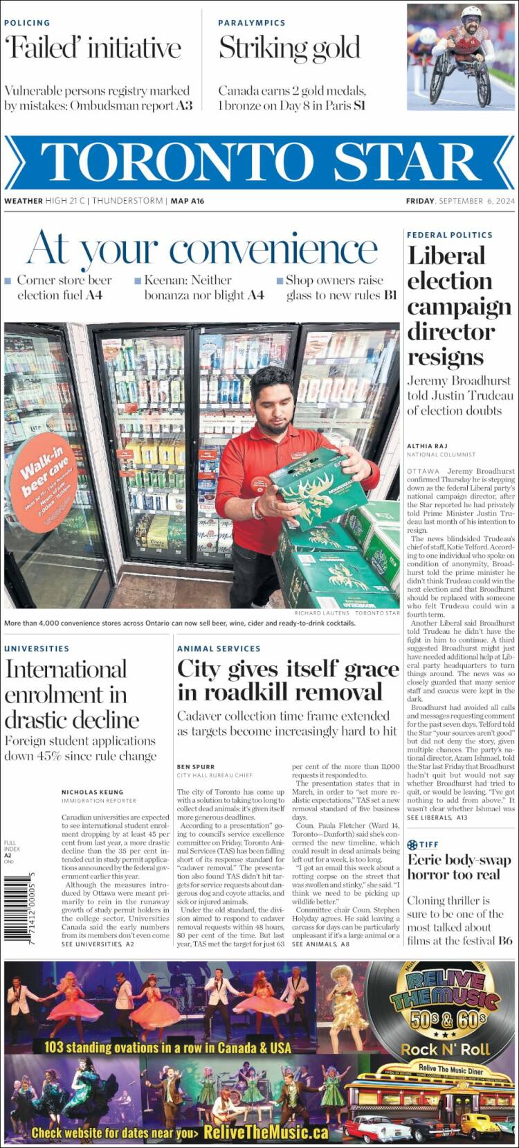 Portada de The Toronto Star (Canadá)