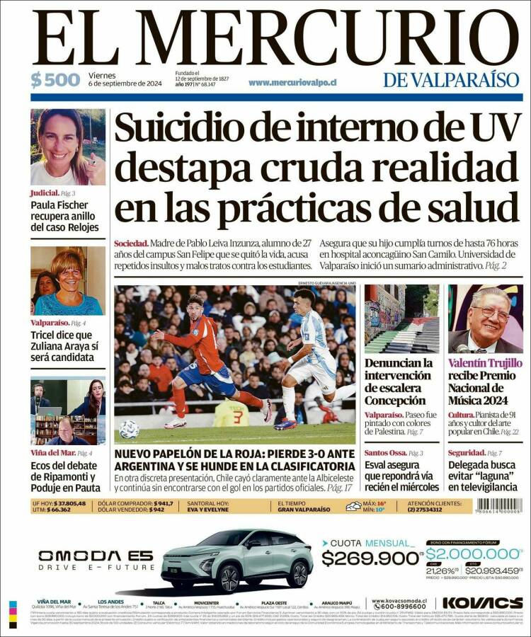 Portada de Mercurio de Valparaiso (Chile)