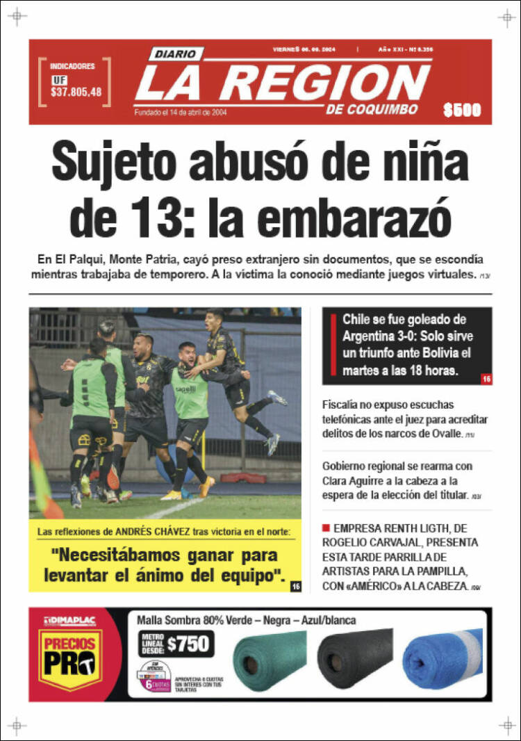 Portada de Diario La Región de Coquimbo (Chile)