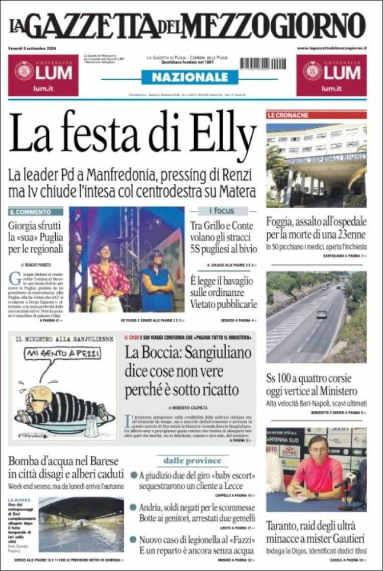 Portada de La Gazzetta del Mezzogiorno (Italia)