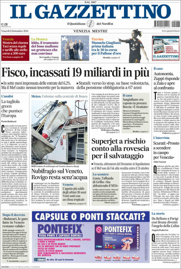 Portada de Il Gazzettino (Italia)